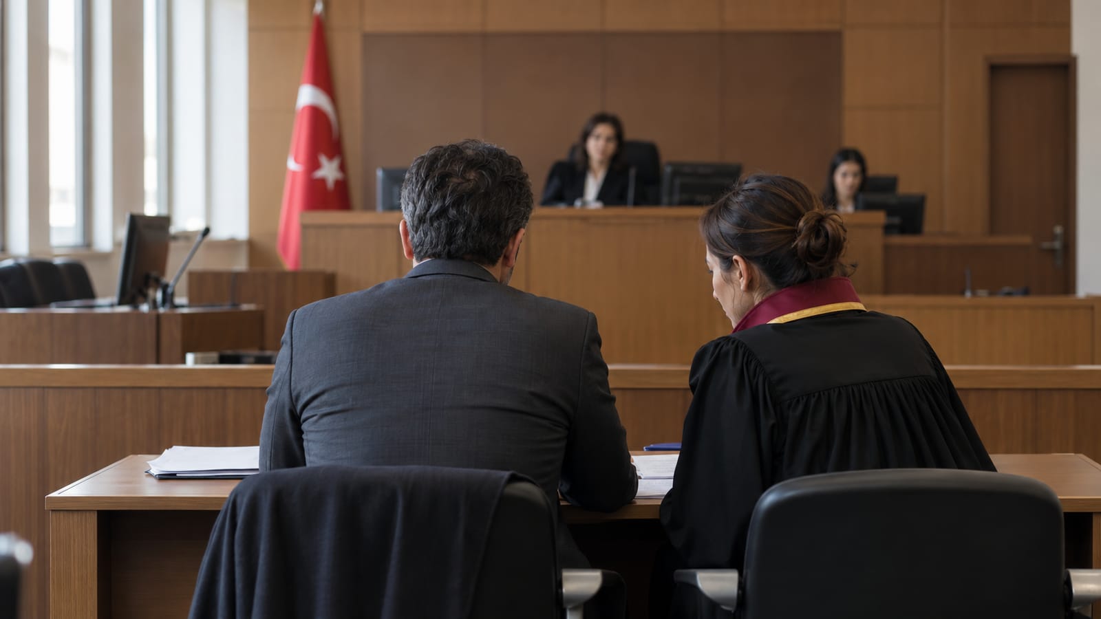Sade çağdaş Türkiye mahkeme salonunda savunma masasında hukukçusunun yanında oturan yetişkin, arkadan