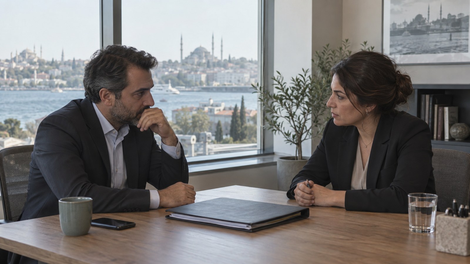 Two business partners seated across a closed document folder at a wooden table