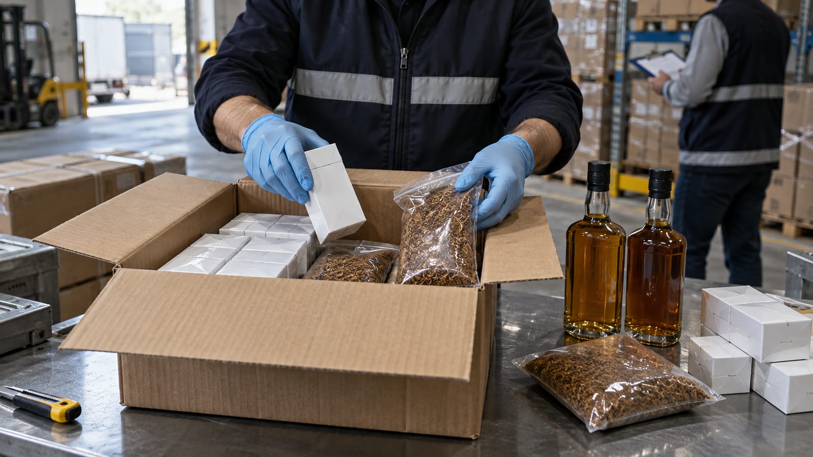 Gümrük deposunda markasız sigara paketleri, tütün ve alkollü şişeleri inceleyen görevli