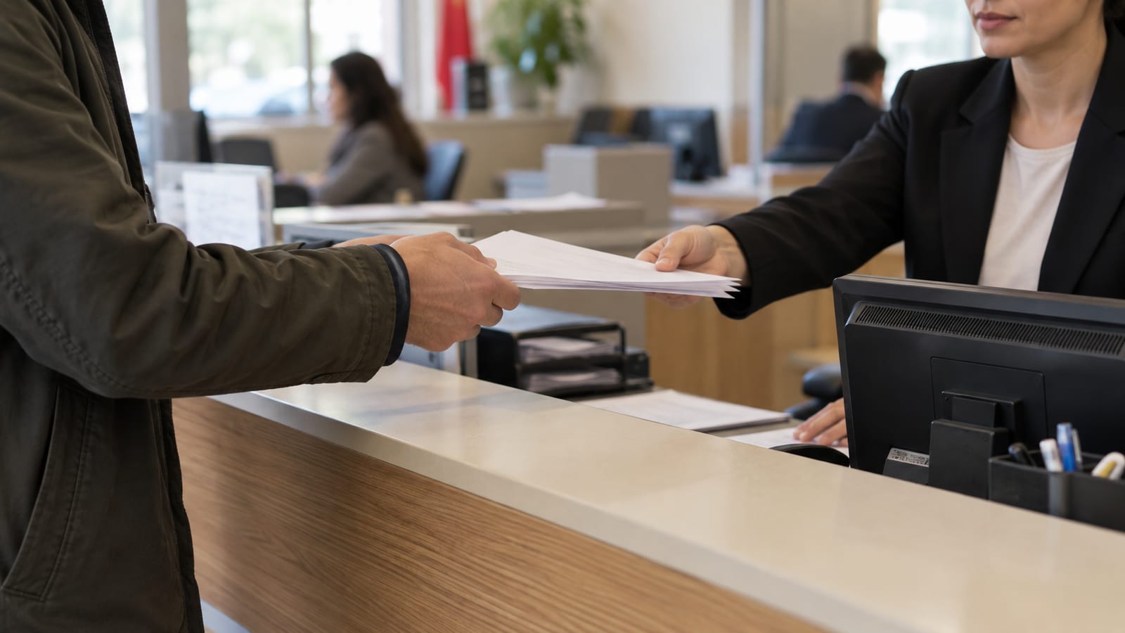 Başvuru bankosunda kâğıt belgeyi geri çekme işlemi için görevliye uzatan kişinin elleri