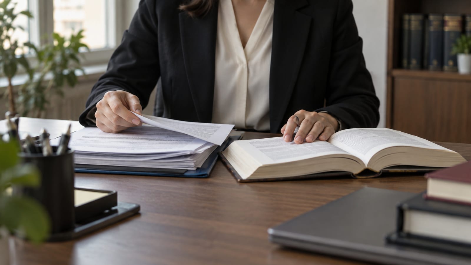 Sade bir hukuk bürosunda olay dosyasını açık başvuru kitabıyla karşılaştıran hukukçunun elleri