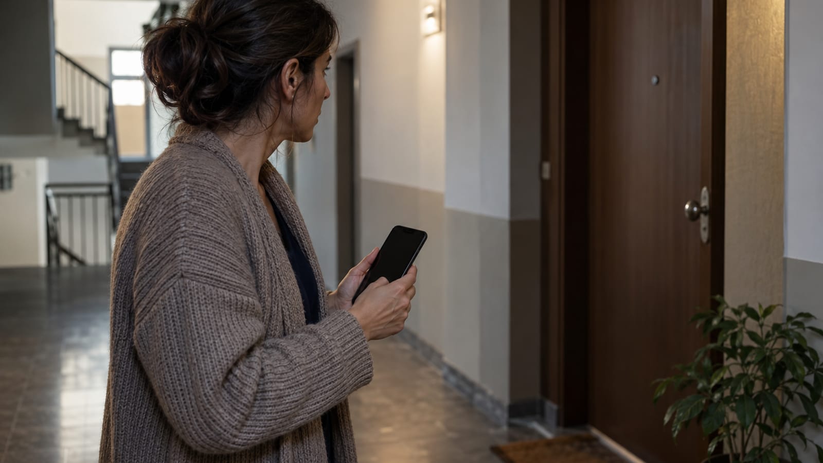 Apartman koridorunda kapalı kapı önünde telefonuyla bekleyen tanık