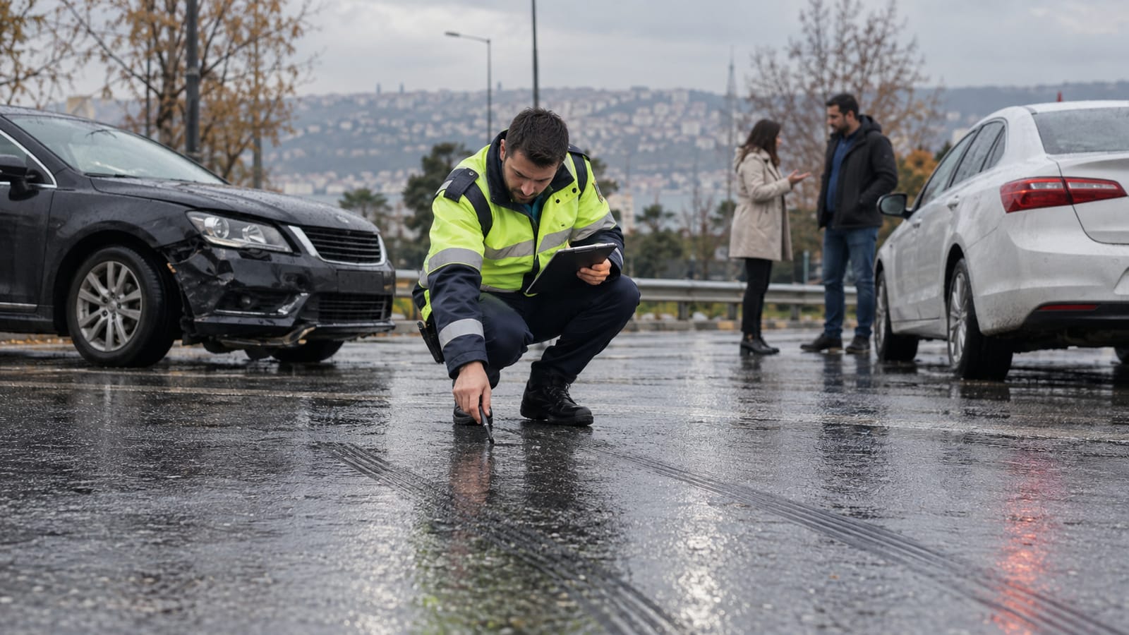 Yağmurlu yolda gerçekleşmiş küçük kazadan sonra fren izlerini inceleyen trafik uzmanı