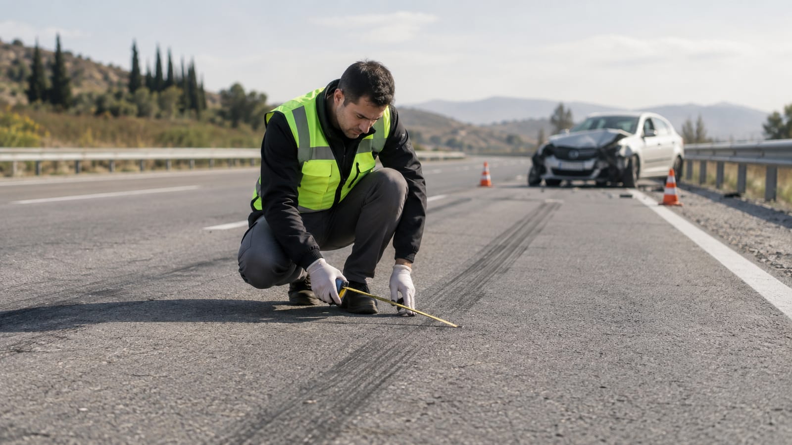 Trafik kazası sonrasında boş yolda lastik izlerini ölçen uzman, uzakta hasarlı araç