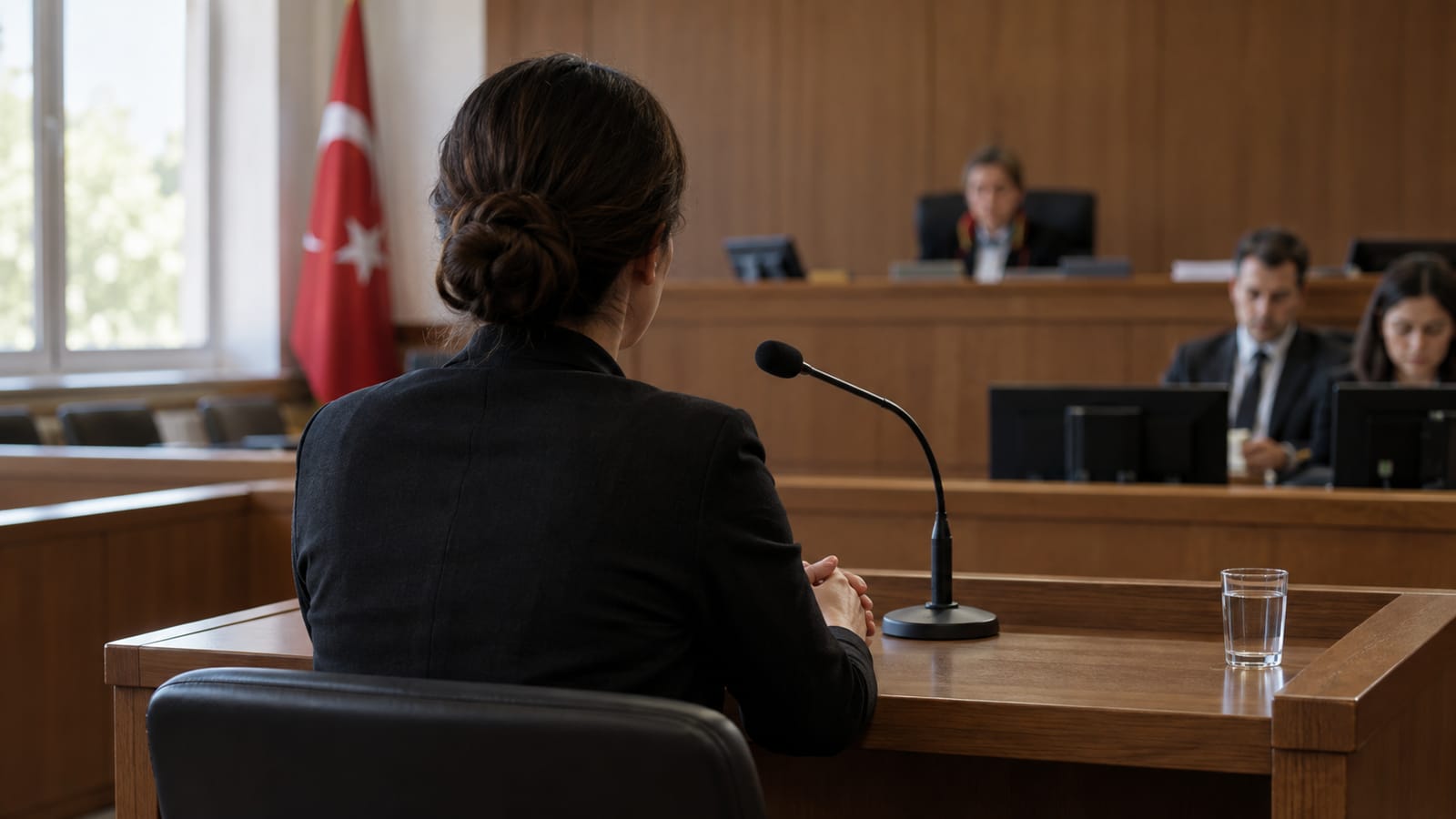 Duruşma salonunda sade tanık mikrofonunun yanında ellerini birleştirmiş yetişkinin arkadan görünümü