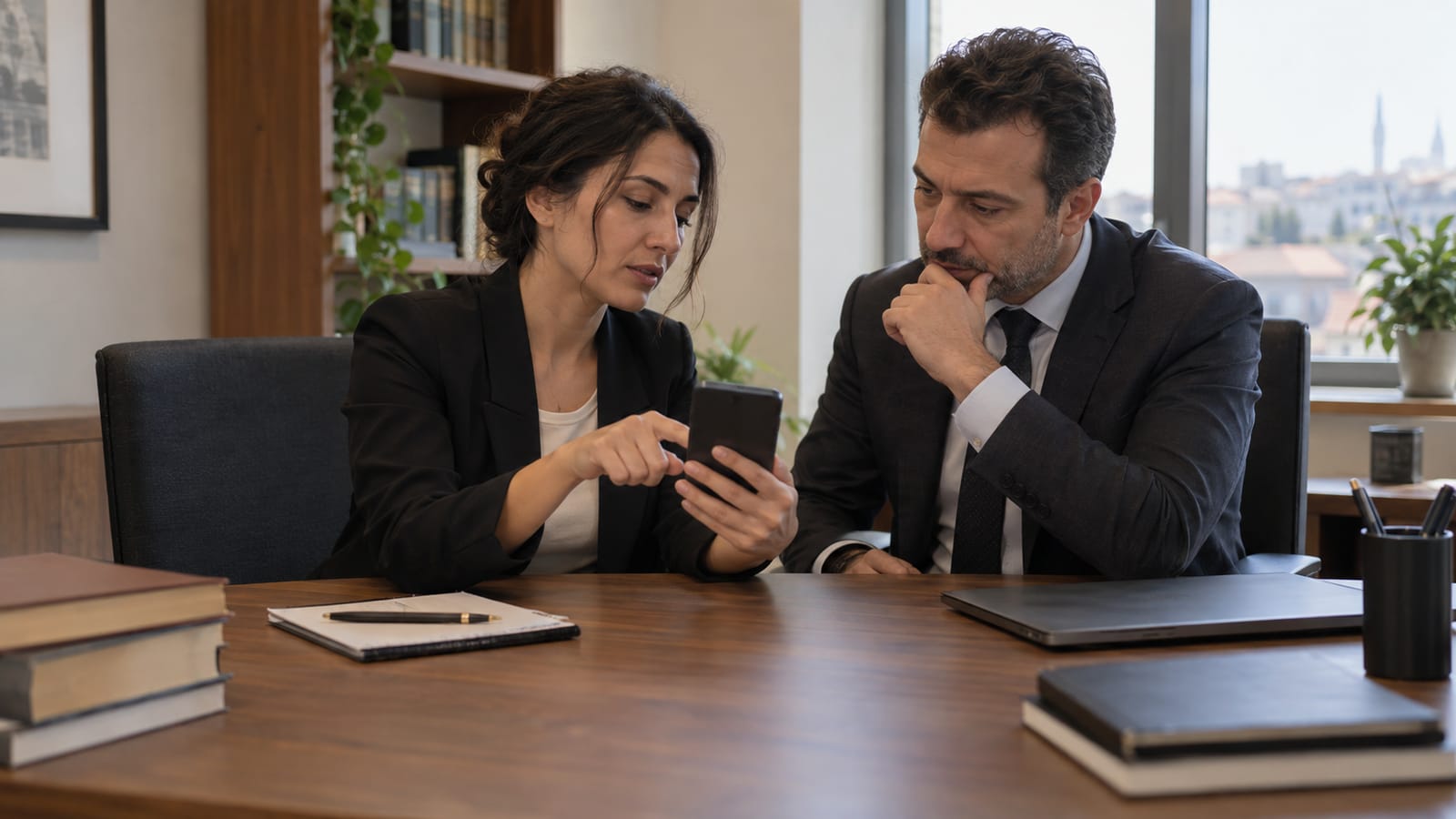 İş yerindeki özel görüşme odasında yetişkin çalışanın hukukçuya telefonunu göstermesi