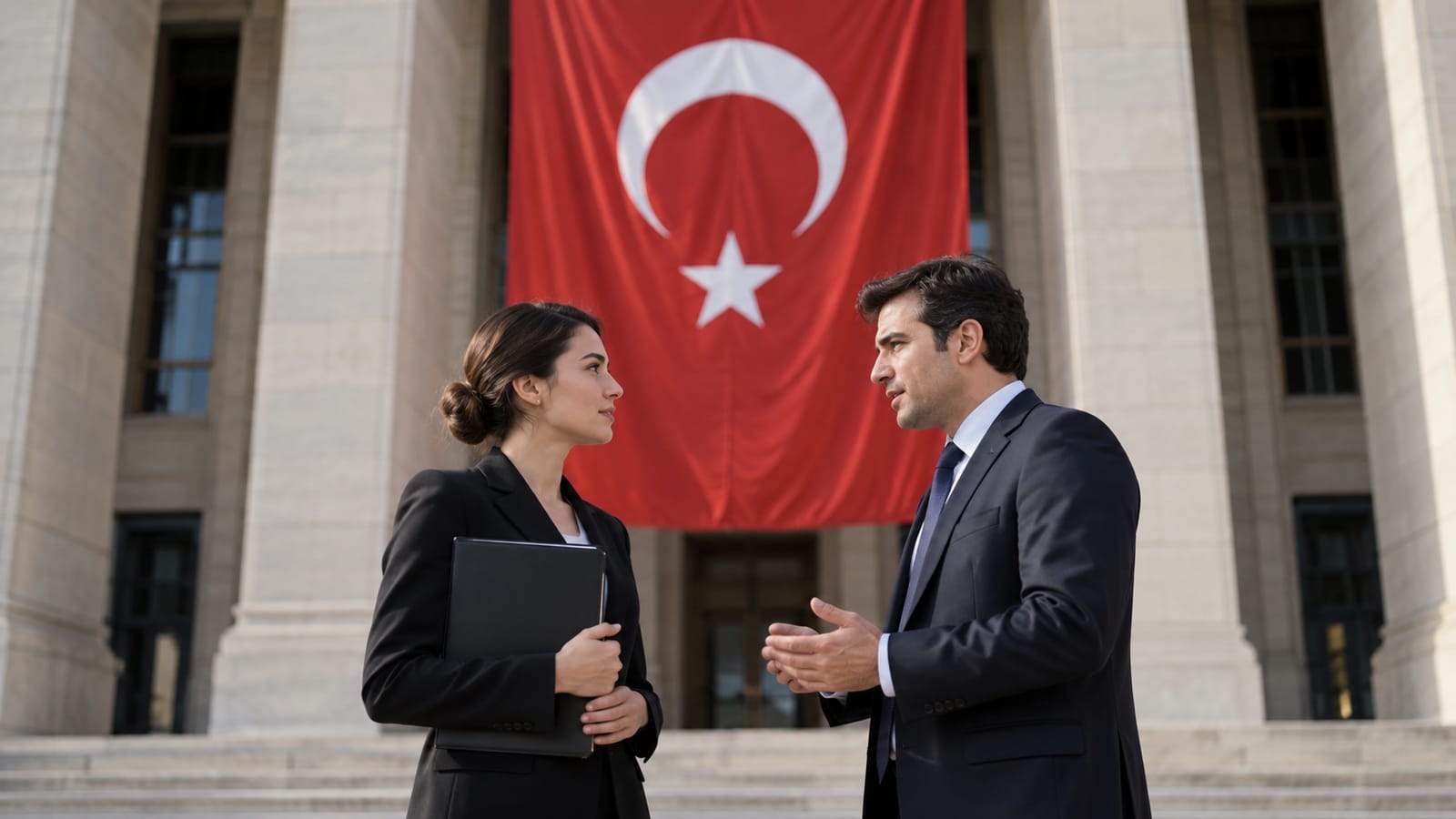 Türk bayrağı asılı kamu binasının önünde görüşen iki hukukçu