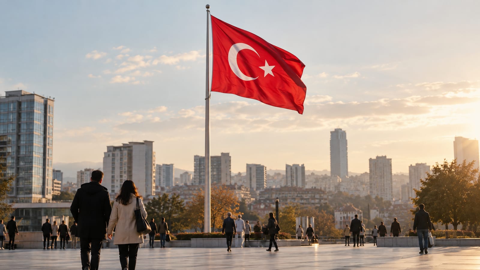Kent meydanında hafif rüzgârda dalgalanan Türk bayrağı