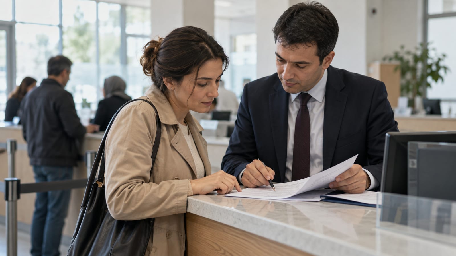 Kamu hizmet bankosunda başvuru belgesini hukukçuyla inceleyen yetişkinin elleri