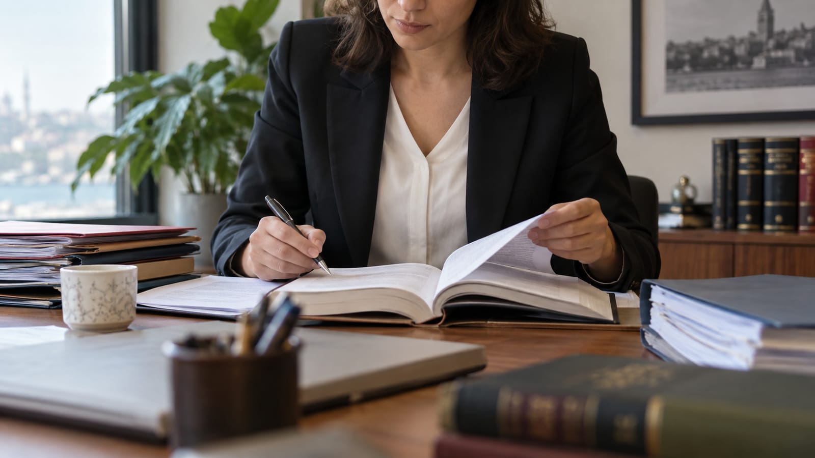 Sade hukuk çalışma masasında dosyaları ve açık başvuru kitabını dikkatle inceleyen hukukçunun elleri