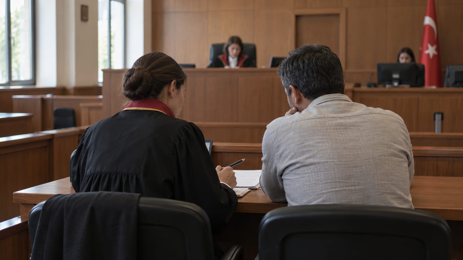 Duruşma salonundaki savunma masasında hukukçuyla oturan sade giyimli yetişkin, arkadan