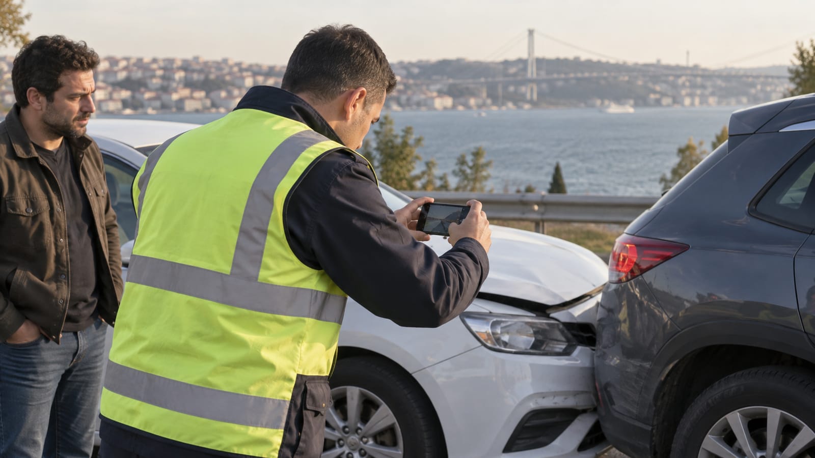 Küçük trafik kazası sonrası yol kenarında araç hasarını fotoğraflayan görevli