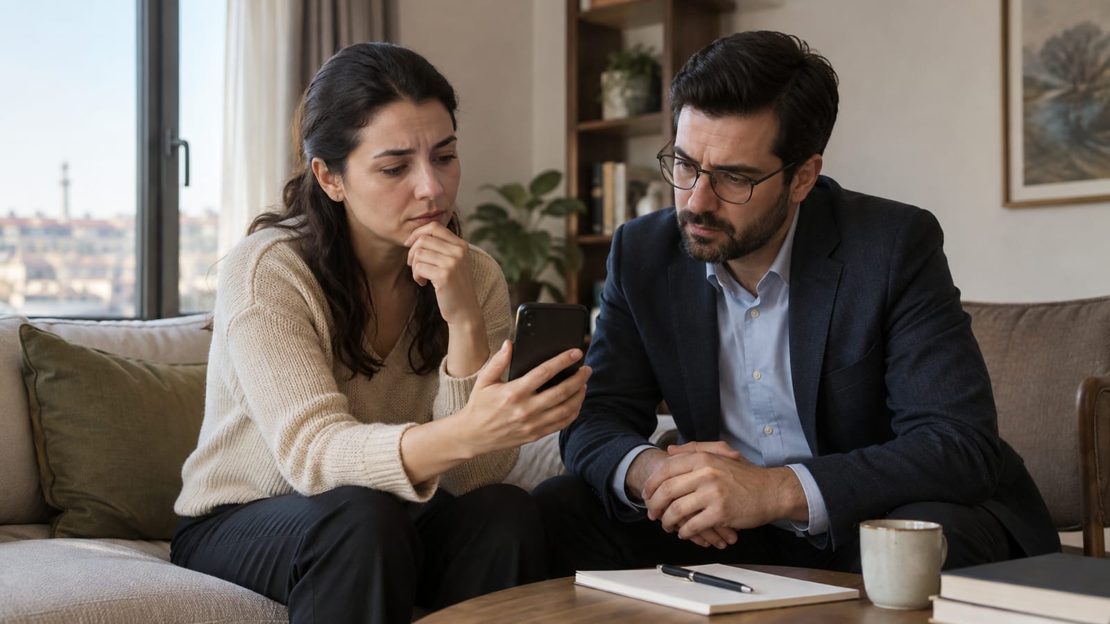 Görüşme sırasında telefonunu hukukçuya gösteren yetişkin