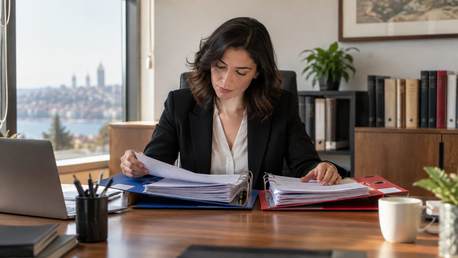 Ofis masasında iki ayrı dosyayı karşılaştıran hukukçu