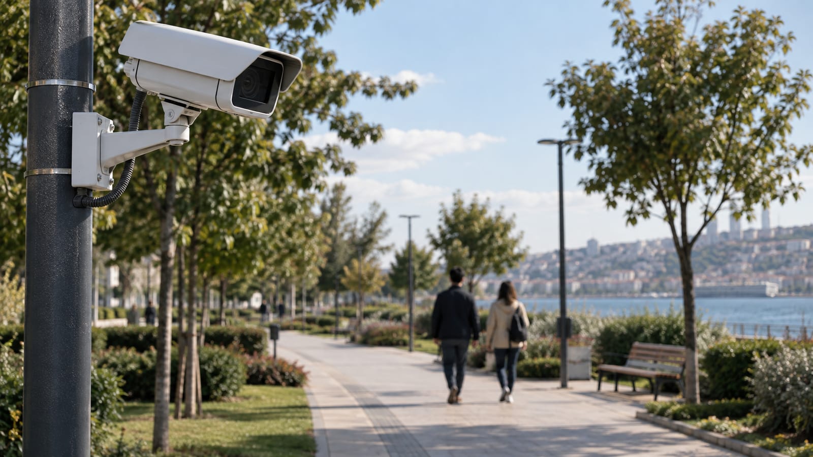 Parkın yürüyüş yoluna bakan güvenlik kamerası ve uzaktaki yayalar