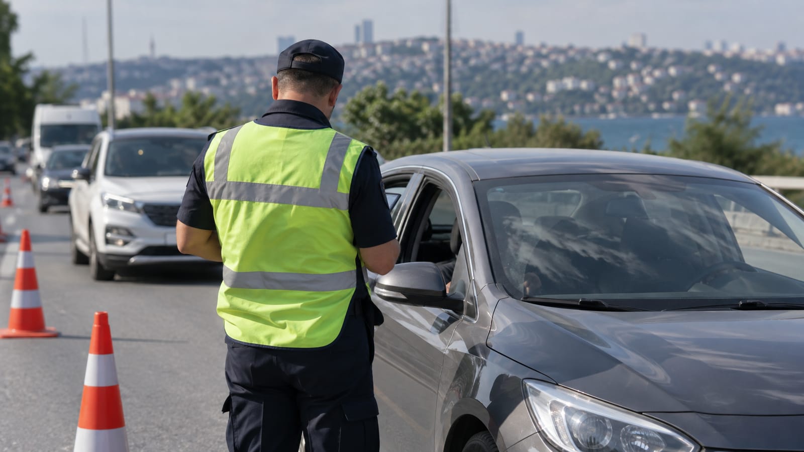 Gündüz yol kenarındaki güvenlik kontrolünde markasız araç ve trafik konileri, görevli arkadan