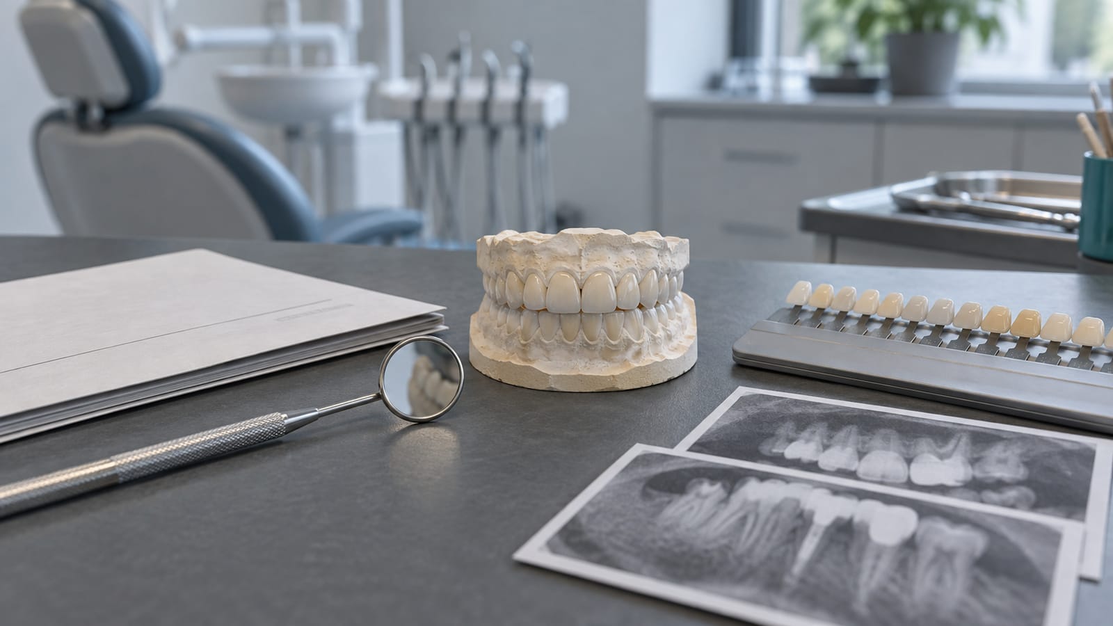 Dental study model, shade guide, radiographs and examination mirror on a clinic desk