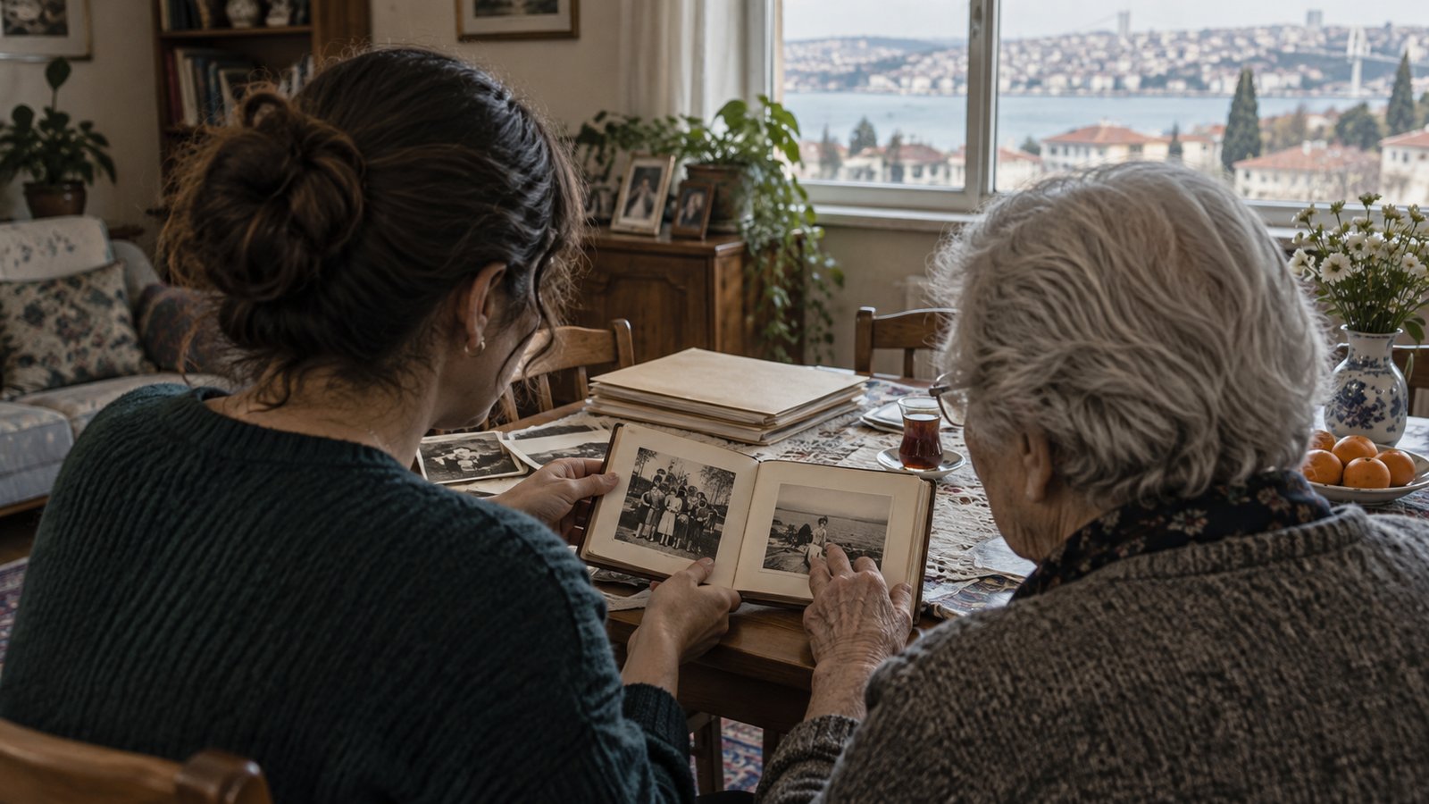 An adult and an elderly parent examining a family photo album in an Istanbul home