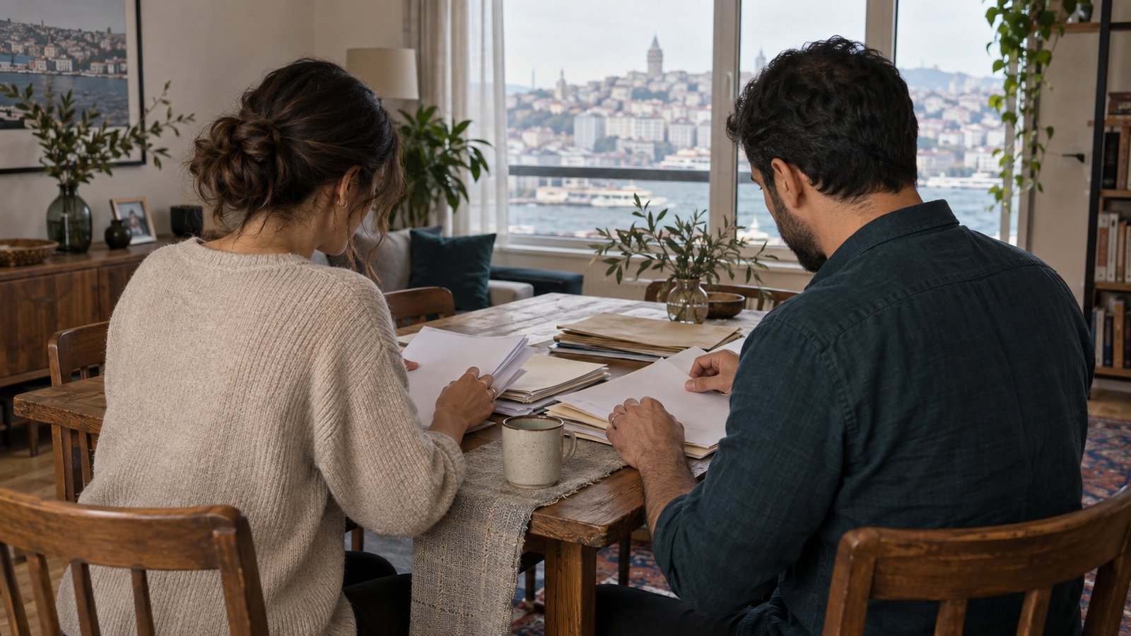 A married couple arranging application papers together at a table in an Istanbul home