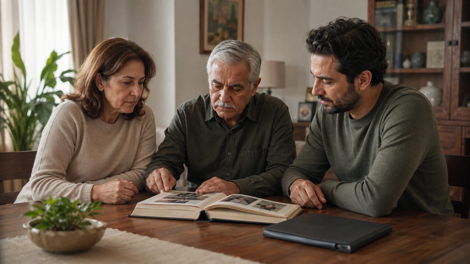 Aile albümünü birlikte inceleyen üç yetişkin