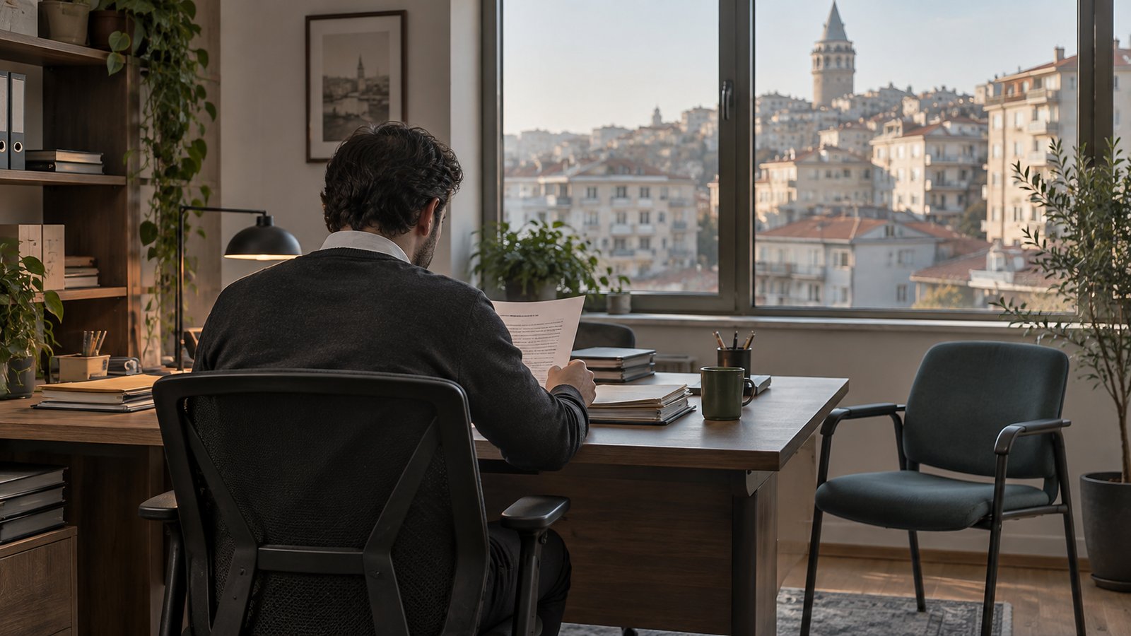 An employee reviewing an application document at an office desk in Istanbul