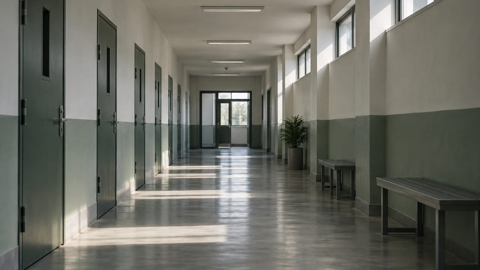 Geri gönderme merkezi yazısı için temsili fotoğraf: Tabelasız bir kamu binasının aydınlık koridoru
