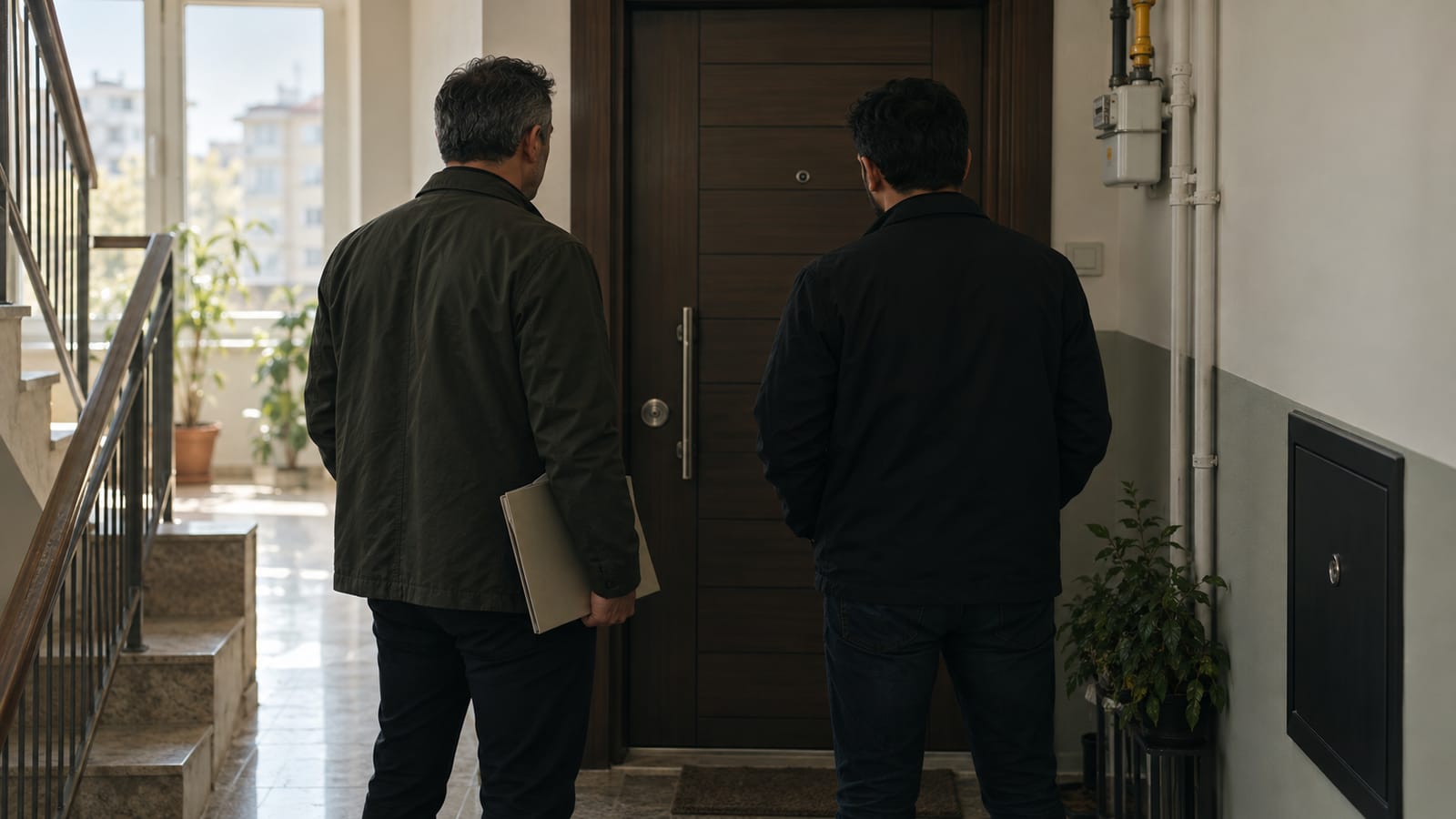 Apartman koridorunda kapalı bir daire kapısı önünde dosyayla bekleyen iki görevli