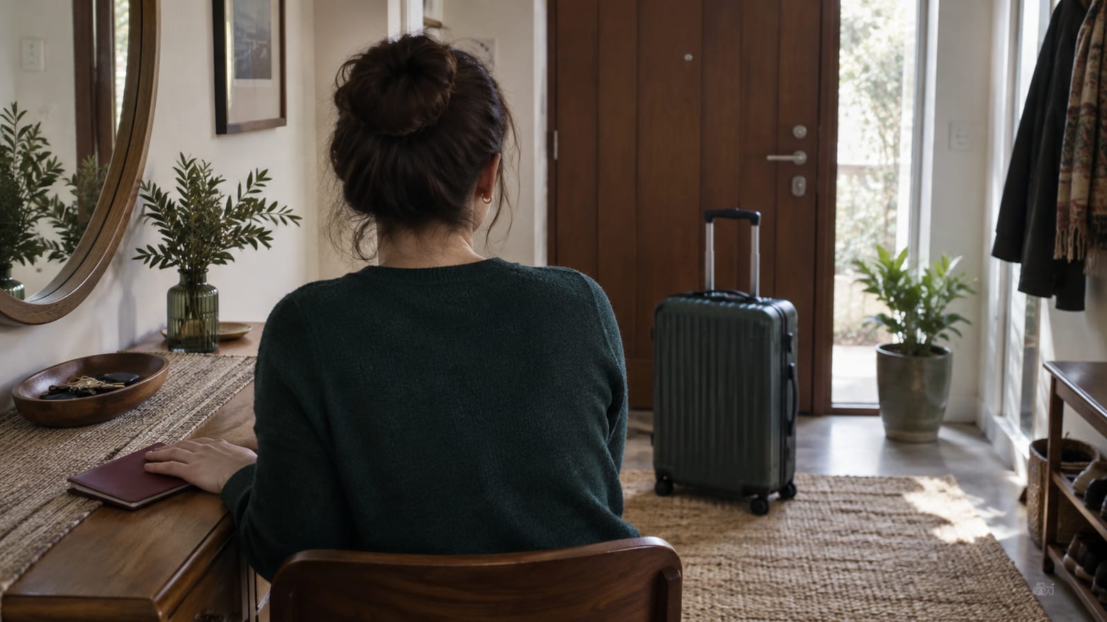 Evin girişinde kapalı pasaport kılıfının yanında oturan kişi ve kapı önündeki valiz